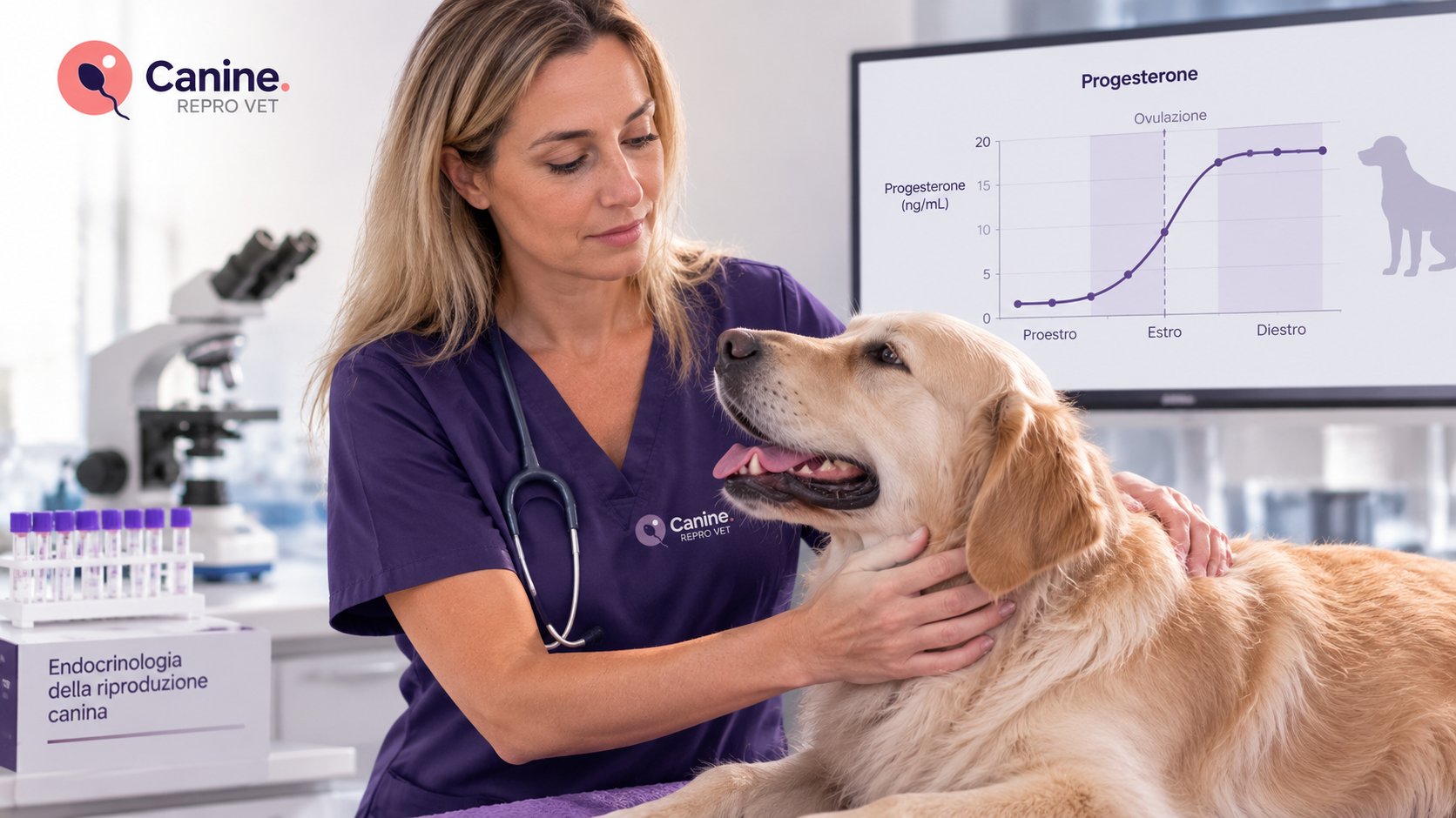 Cagna durante il monitoraggio del progesterone nel ciclo estrale, rappresentazione del percorso riproduttivo e della valutazione del momento fertile.