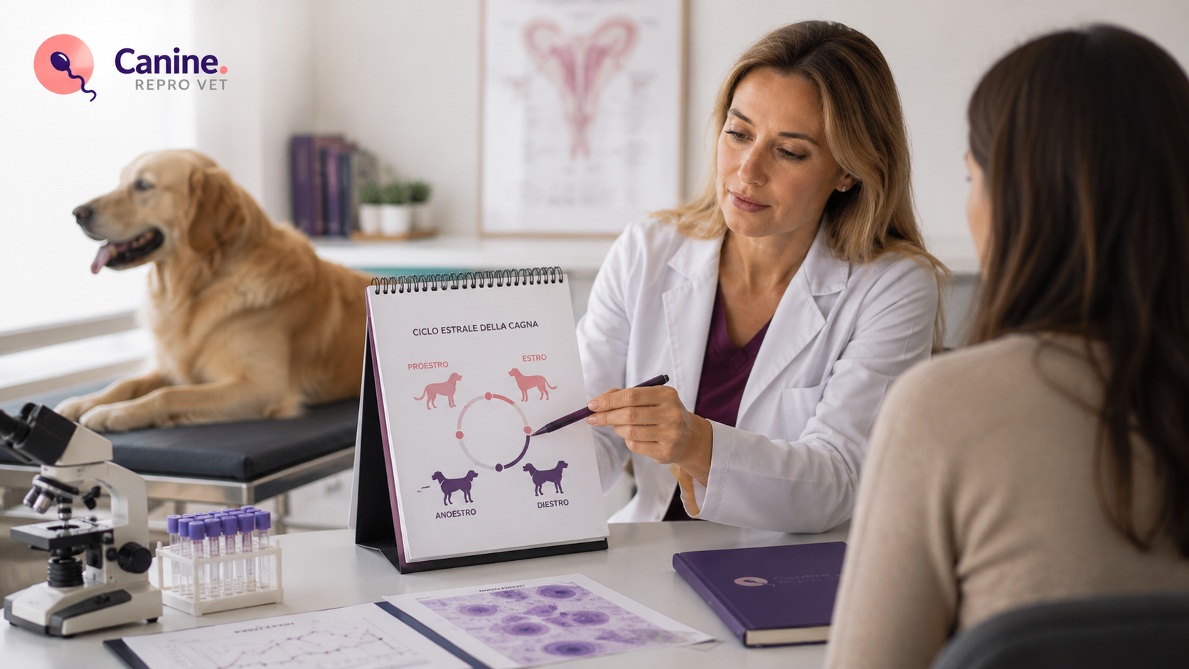 Ciclo estrale della cagna: le quattro fasi del ciclo rappresentate con un Border Collie tricolore in ambiente veterinario moderno.