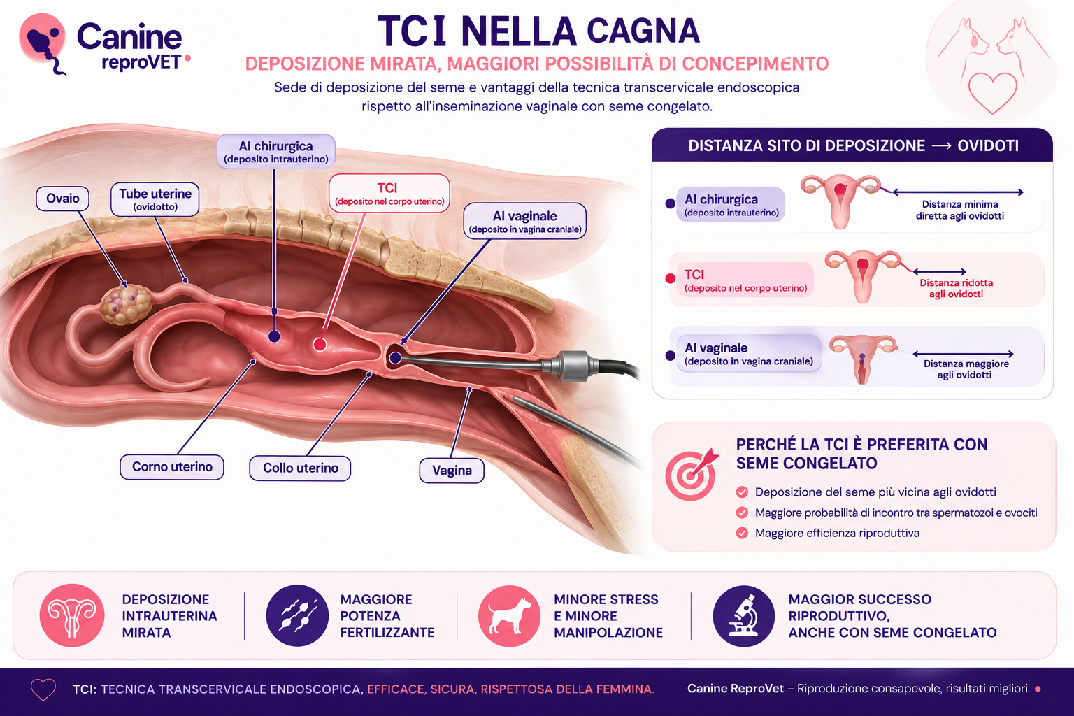 Diagramma anatomico del tratto genitale della cagna che confronta la sede di deposizione del seme nell'inseminazione vaginale, nella TCI e nell'inseminazione chirurgica, evidenziando la diversa distanza dagli ovidotti.