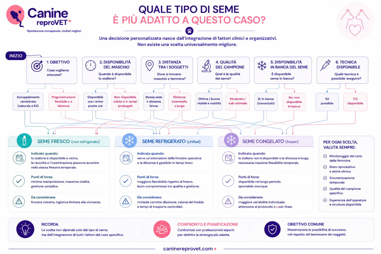 Flowchart decisionale per scegliere tra seme fresco, refrigerato e congelato nel cane, integrando obiettivo riproduttivo, disponibilità del maschio, distanza, qualità del campione, disponibilità della banca del seme e tecnica disponibile.