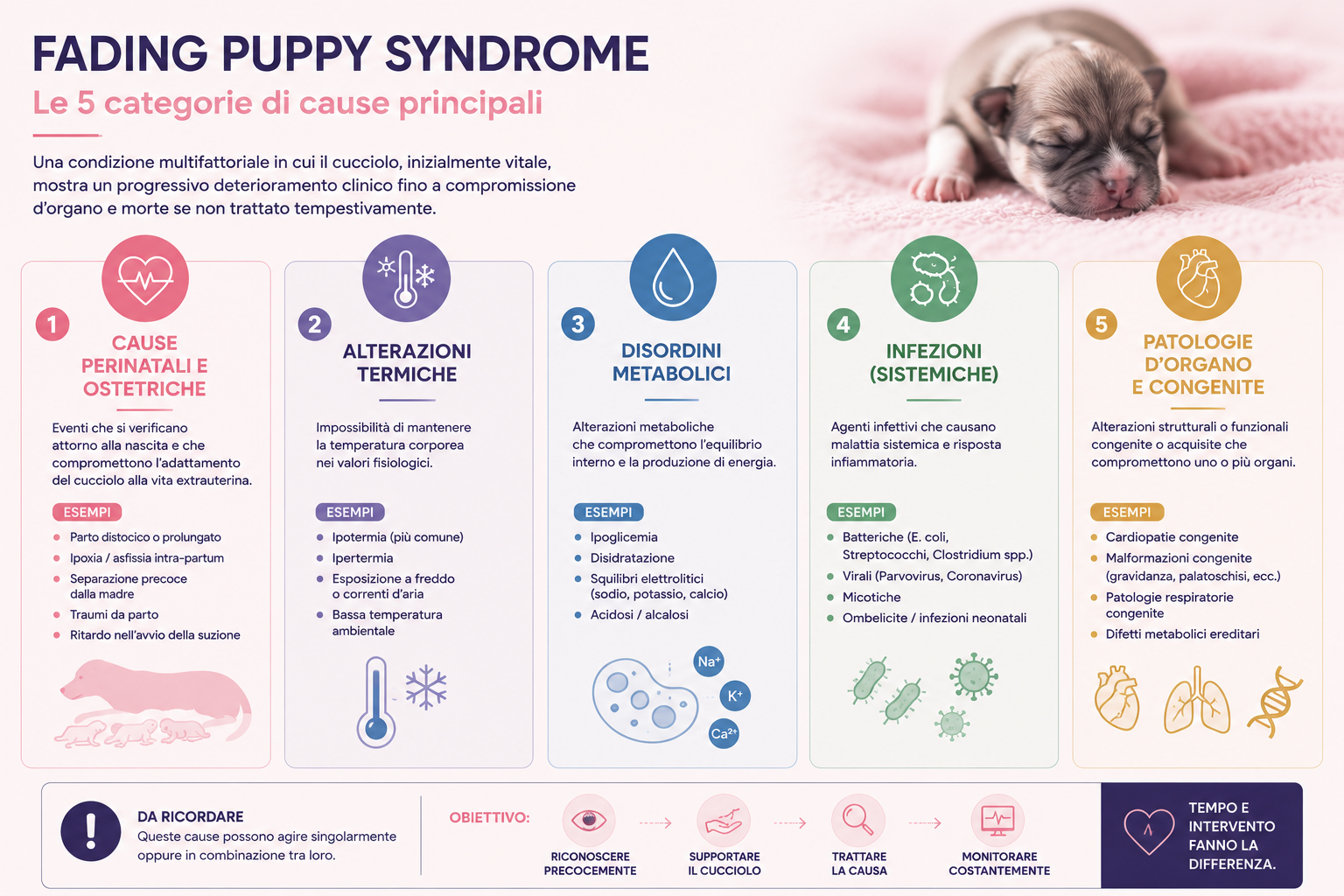 Infografica sulle cinque principali categorie di cause della fading puppy syndrome: cause perinatali e ostetriche, alterazioni termiche, disordini metabolici, infezioni sistemiche e patologie d’organo o congenite, con esempi specifici per ciascuna categoria.