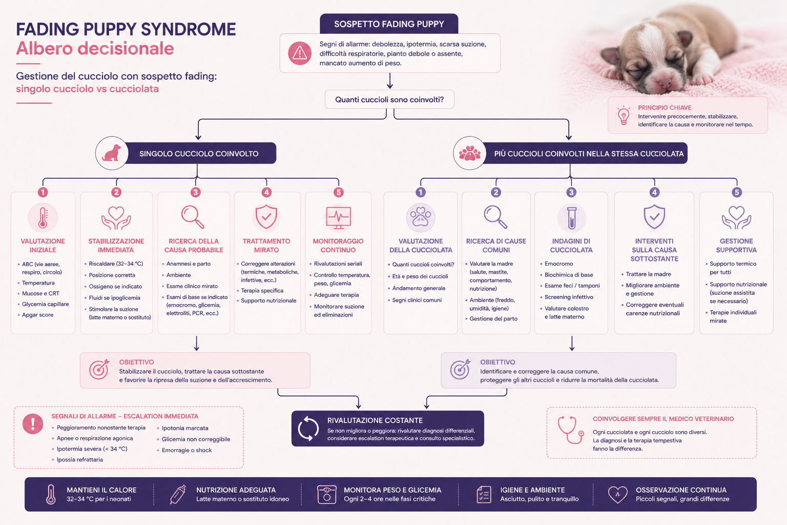 Infografica ad albero decisionale per la gestione del cucciolo con sospetto fading puppy, con distinzione tra singolo cucciolo e più cuccioli coinvolti, valutazione iniziale, stabilizzazione, ricerca della causa, trattamento, monitoraggio ed escalation veterinaria.