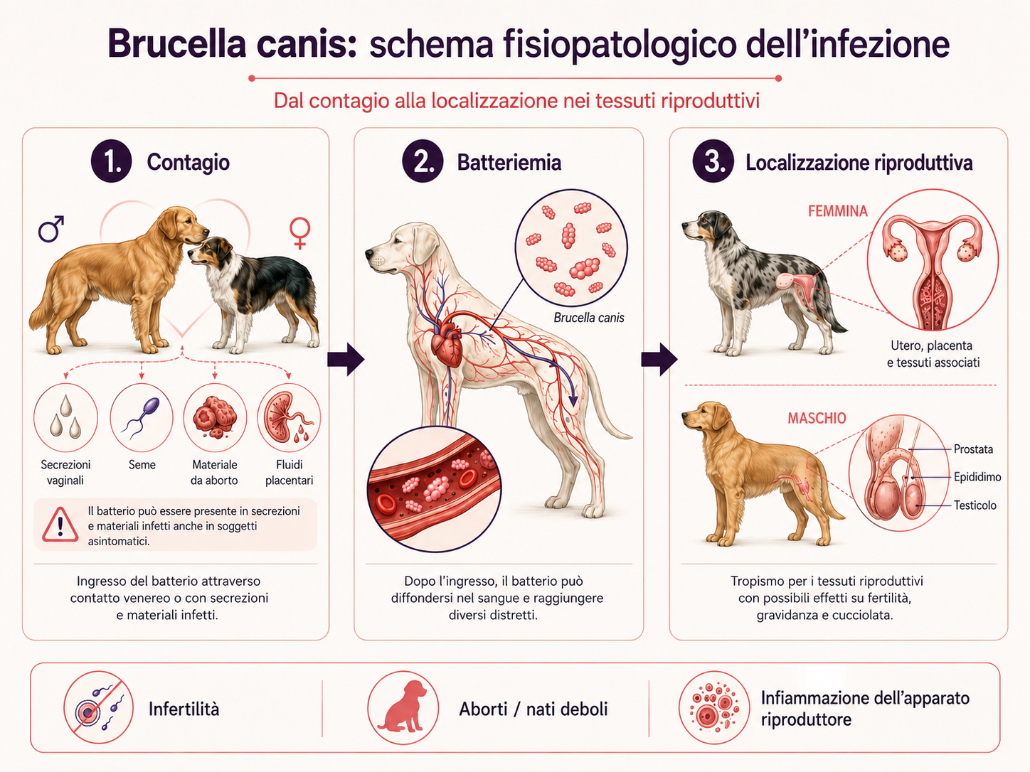Schema fisiopatologico dell’infezione da Brucella canis nel cane, dal contagio alla batteriemia fino alla localizzazione nei tessuti riproduttivi.