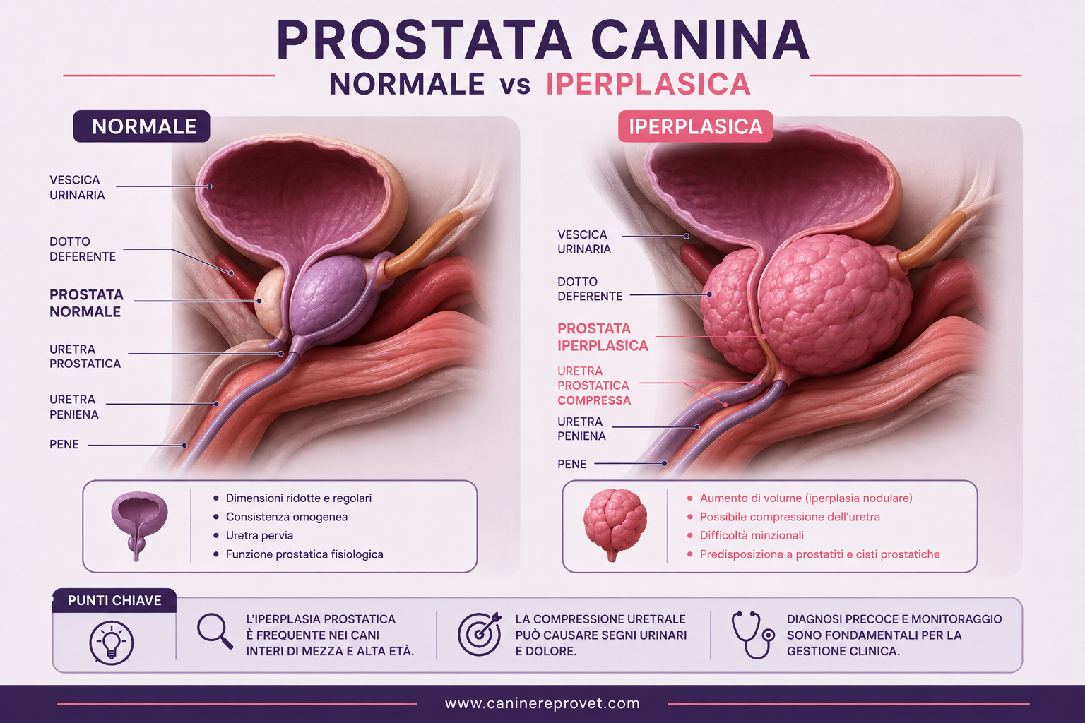 Confronto anatomico tridimensionale tra prostata canina normale e iperplasica, con evidenza di vescica, dotti deferenti, uretra prostatica e compressione uretrale.