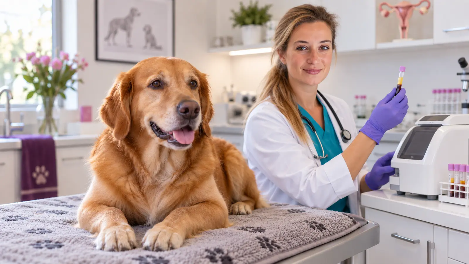 Golden Retriever in ambulatorio mentre una veterinaria osserva una provetta per l'analisi del progesterone.