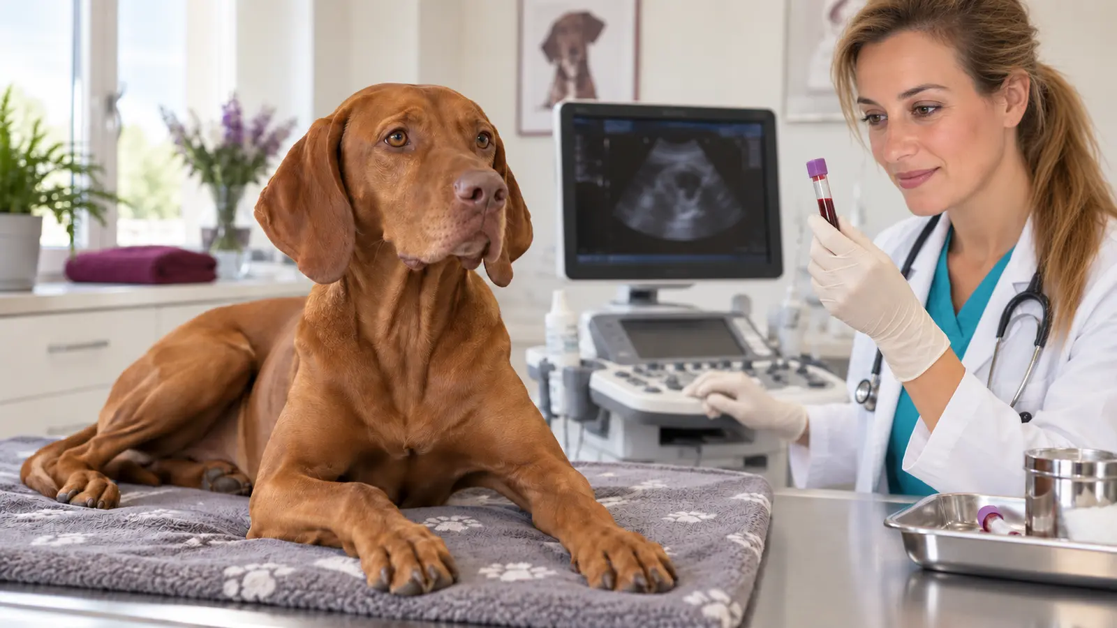 Cagna Vizsla accanto a un ecografo mentre una veterinaria osserva un campione di sangue.