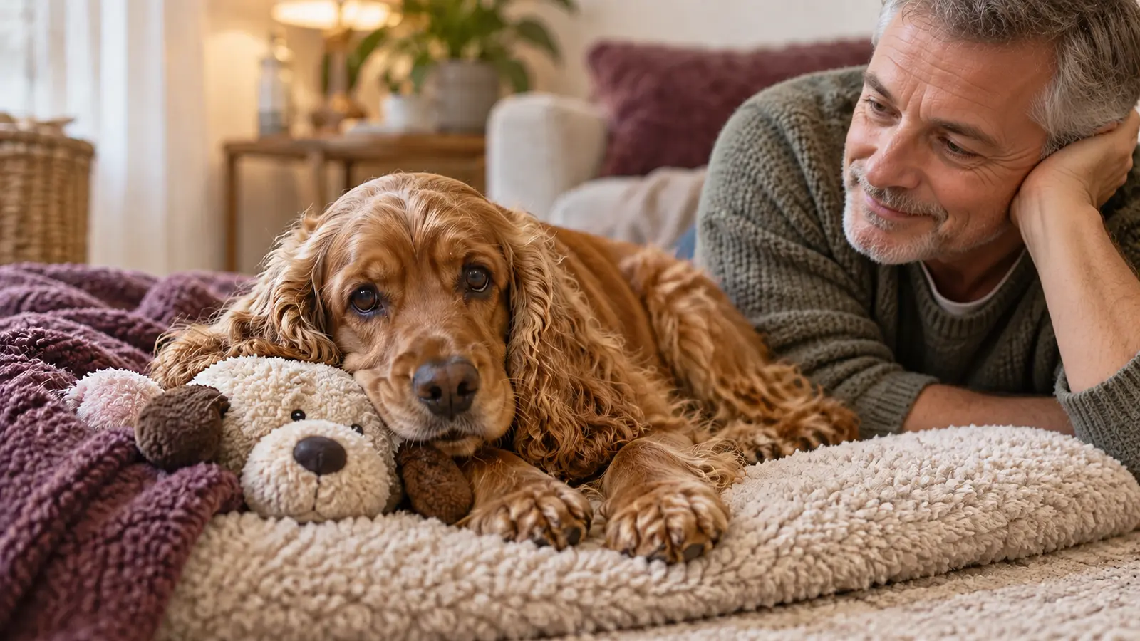 Cagna Cocker Spaniel sdraiata accanto a un peluche sotto lo sguardo del proprietario.