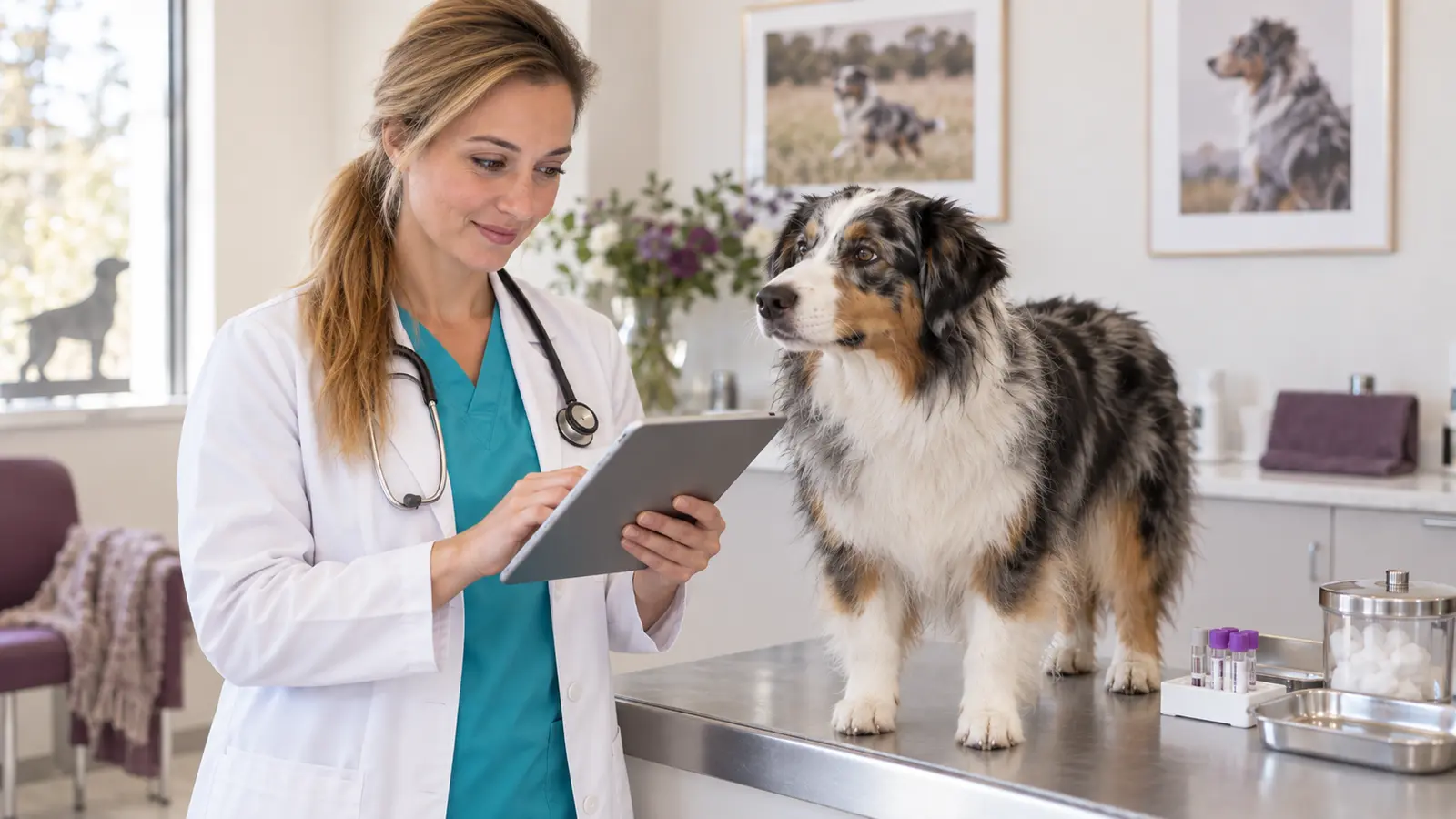 Australian Shepherd accanto a una veterinaria durante una visita di monitoraggio riproduttivo.