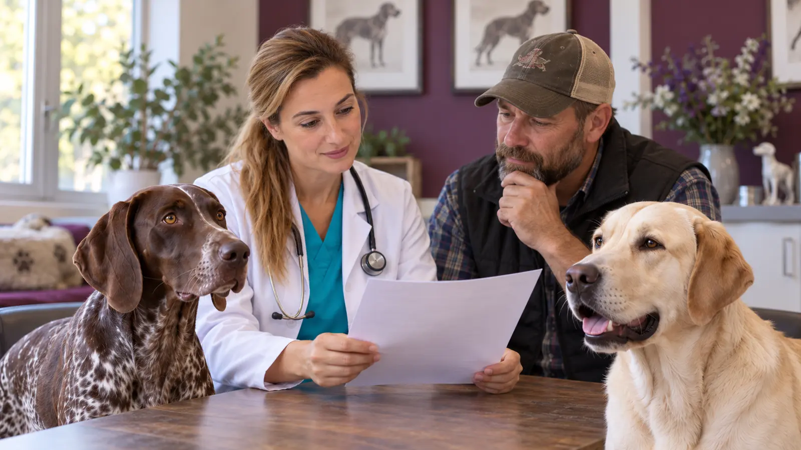 Due cani adulti in ambulatorio mentre veterinaria e proprietario consultano un documento.