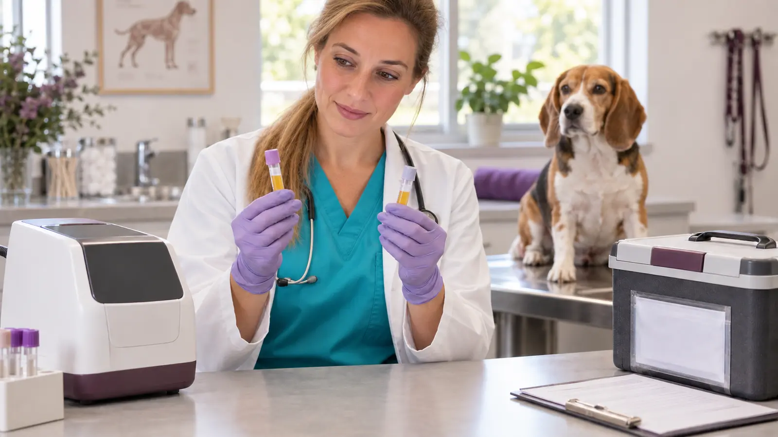 Tecnica veterinaria confronta due provette accanto a un analizzatore e a un contenitore di trasporto.