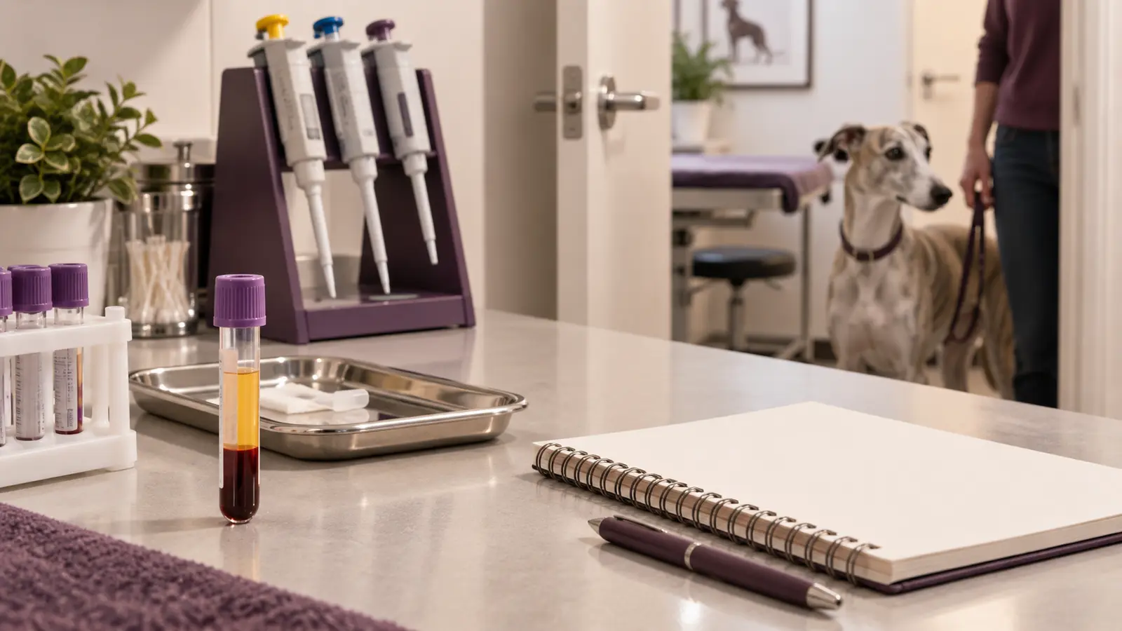 Provetta, pipette e taccuino su un banco di laboratorio con un Whippet sullo sfondo.