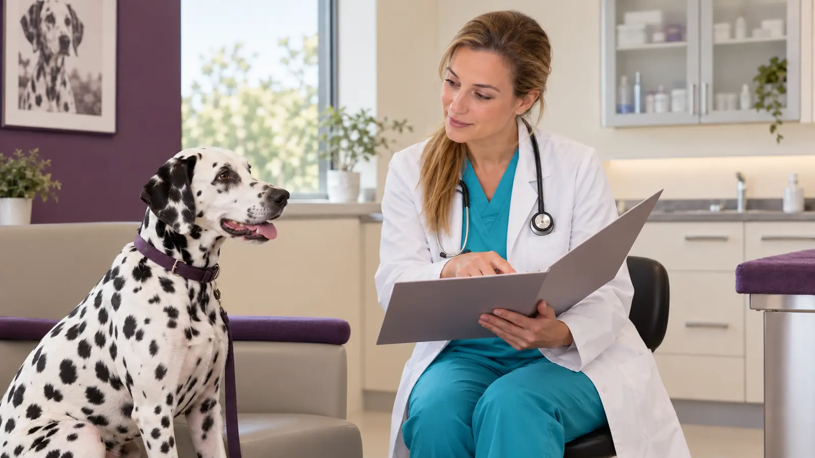 Cagna Dalmata accanto a una veterinaria che consulta un documento clinico.