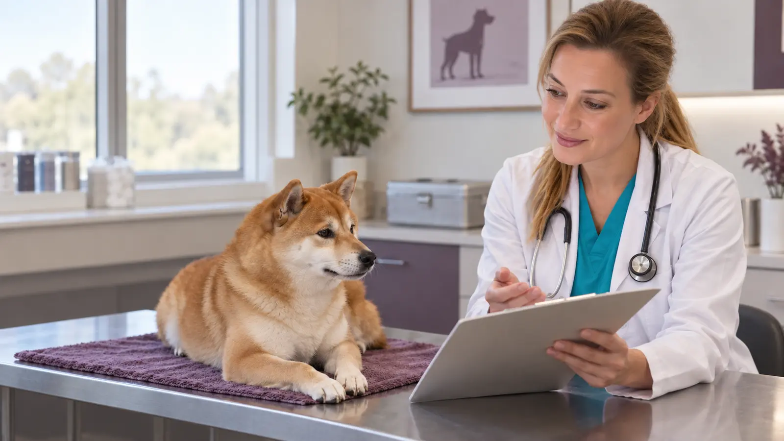 Shiba Inu con una veterinaria durante una consulenza in ambulatorio.