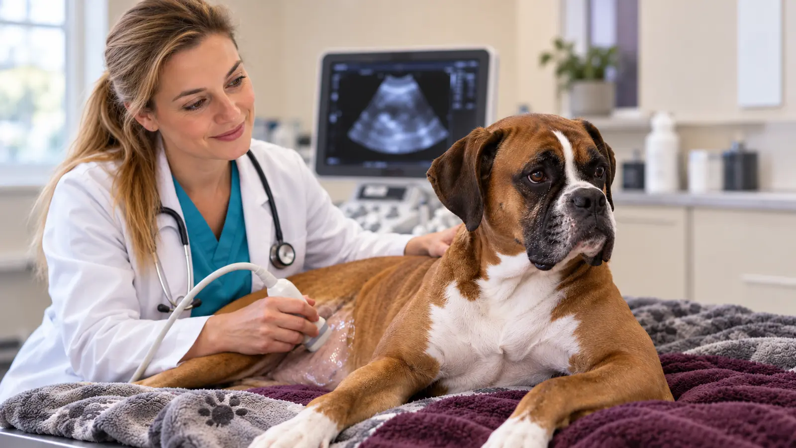 Cagna Boxer durante un controllo ecografico con una veterinaria.