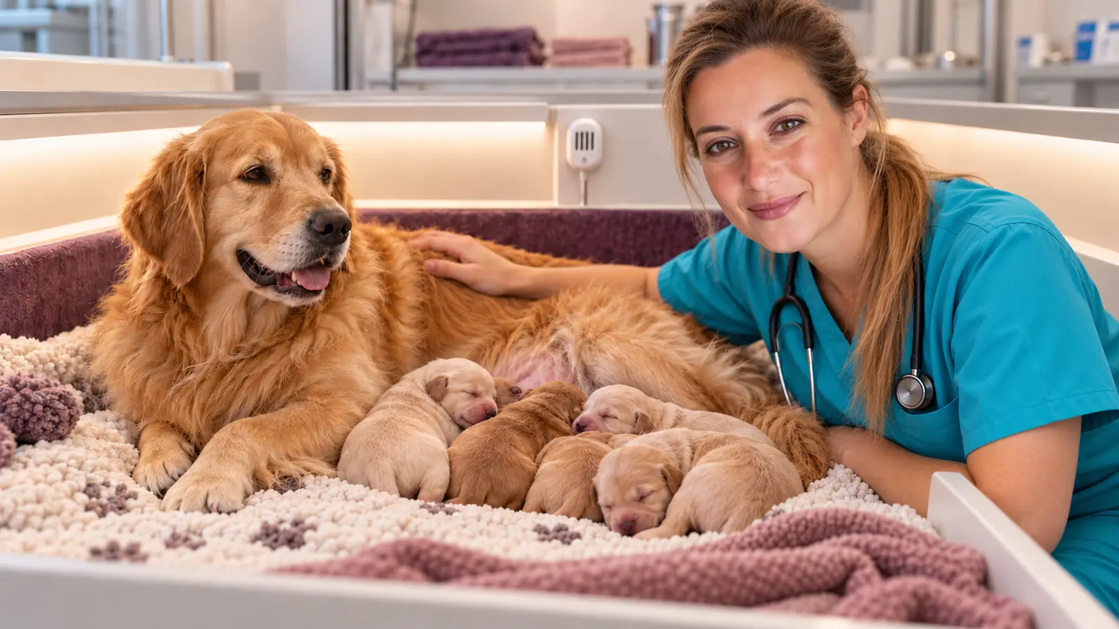 Golden Retriever con i cuccioli in un'area neonatale osservata da una veterinaria.