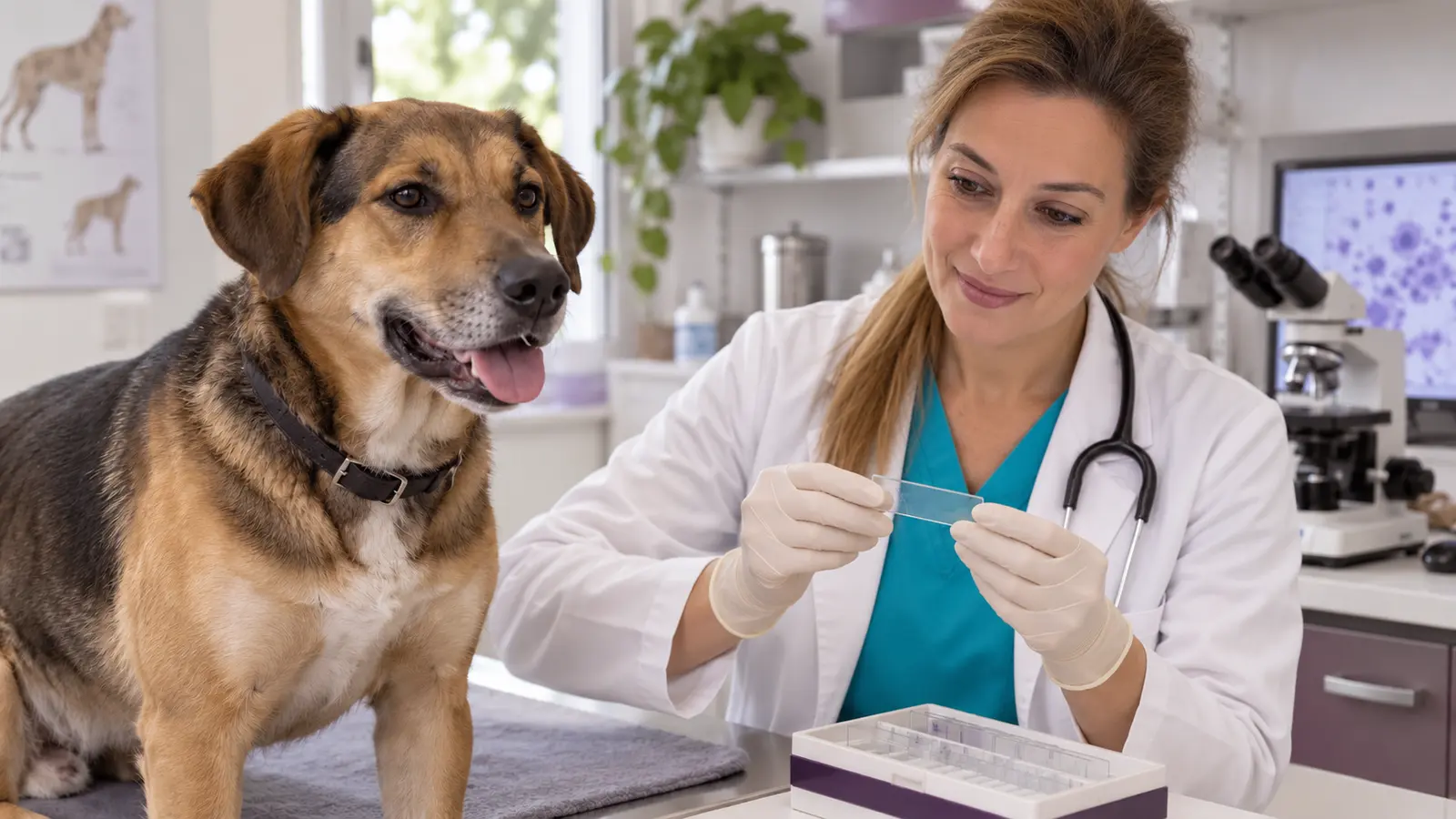 Cane meticcio accanto a una veterinaria che osserva un vetrino in ambulatorio.