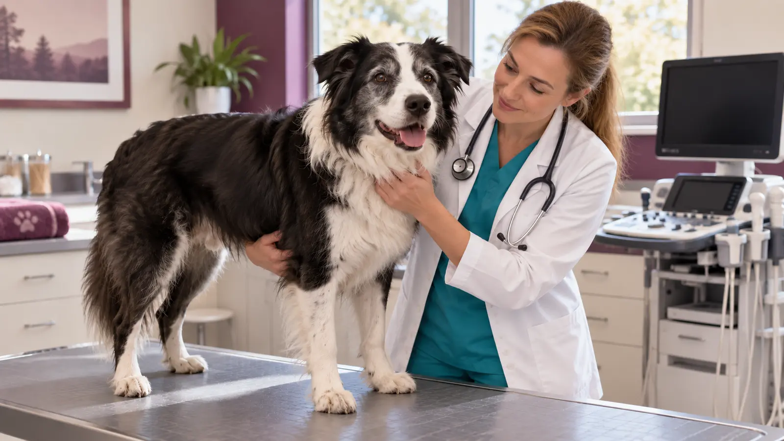 Border Collie adulto durante una visita veterinaria in un ambulatorio con ecografo.