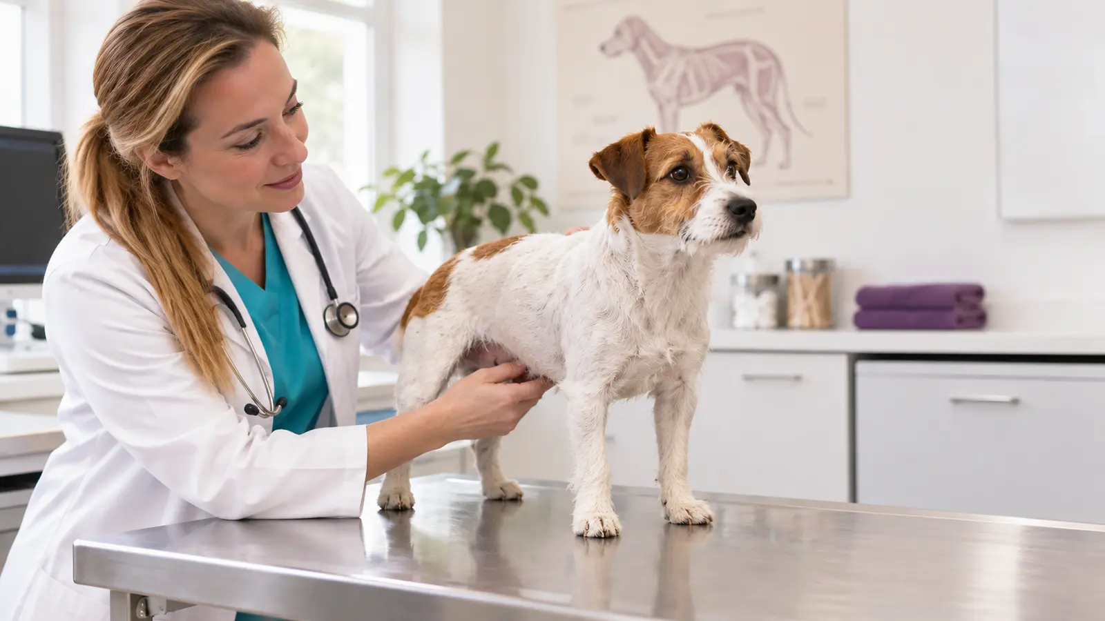 Terrier giovane durante una visita con una veterinaria.