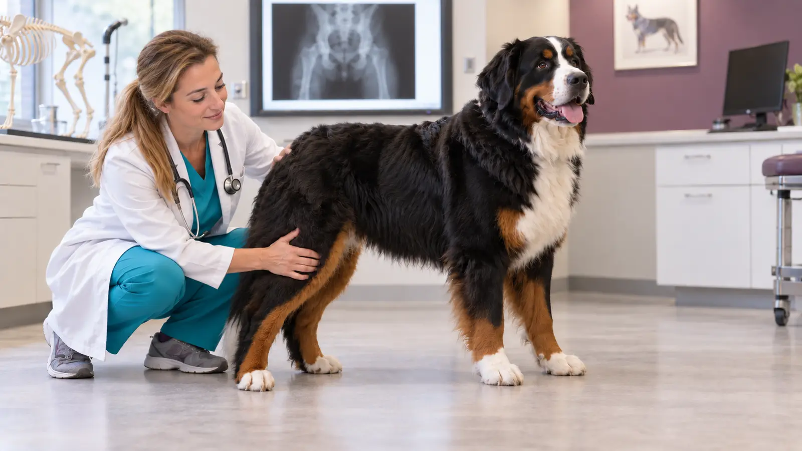 Bovaro del Bernese durante una valutazione ortopedica con radiografia dell'anca sul monitor.