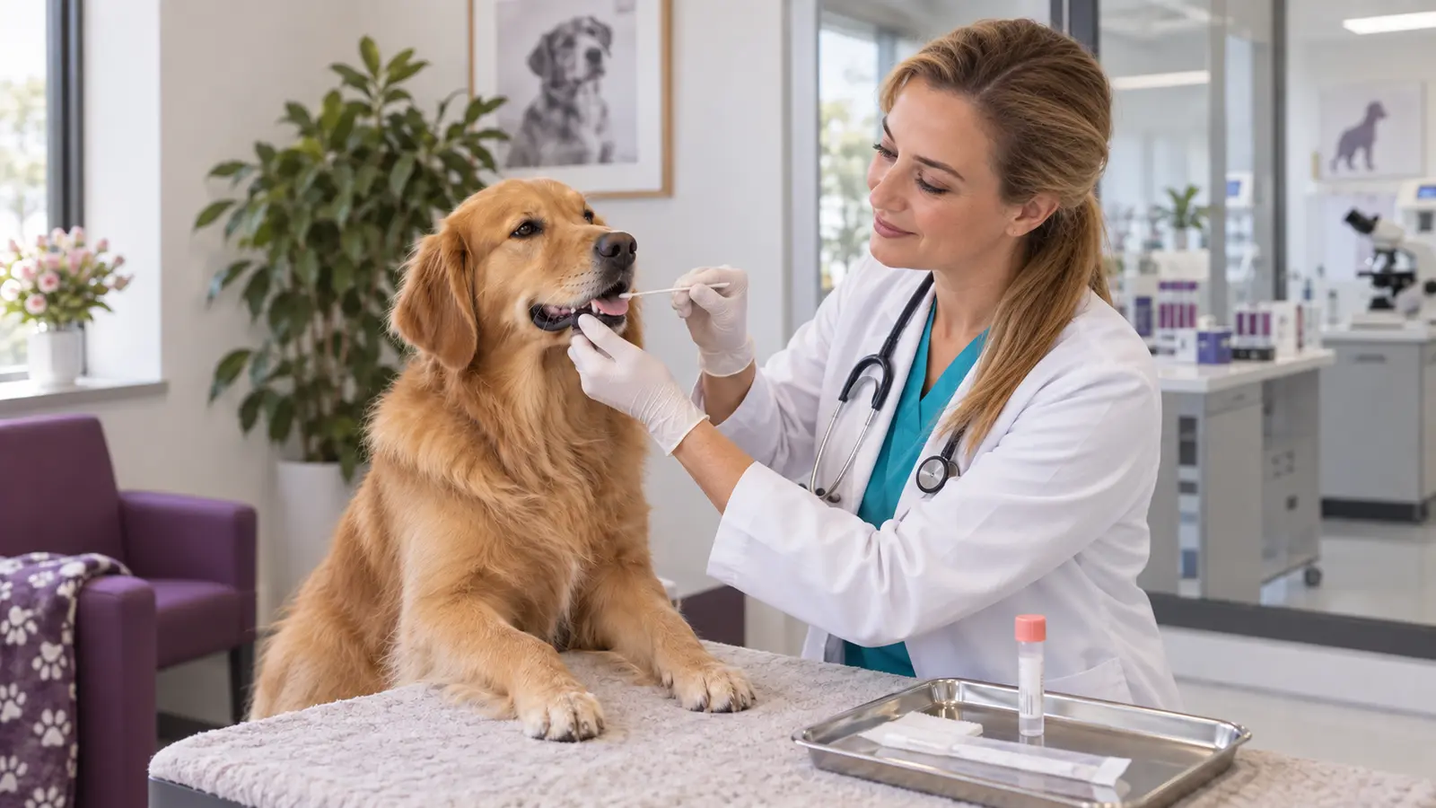 Veterinaria esegue un tampone buccale a un Golden Retriever in ambulatorio.