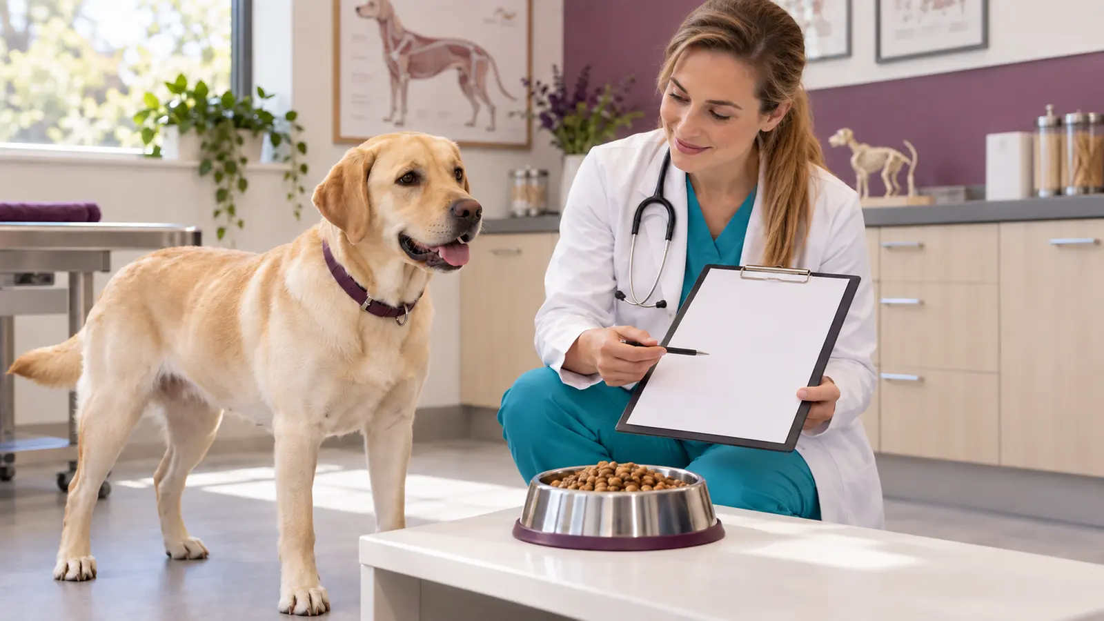 Labrador accanto a una ciotola di alimento durante una consulenza nutrizionale veterinaria.