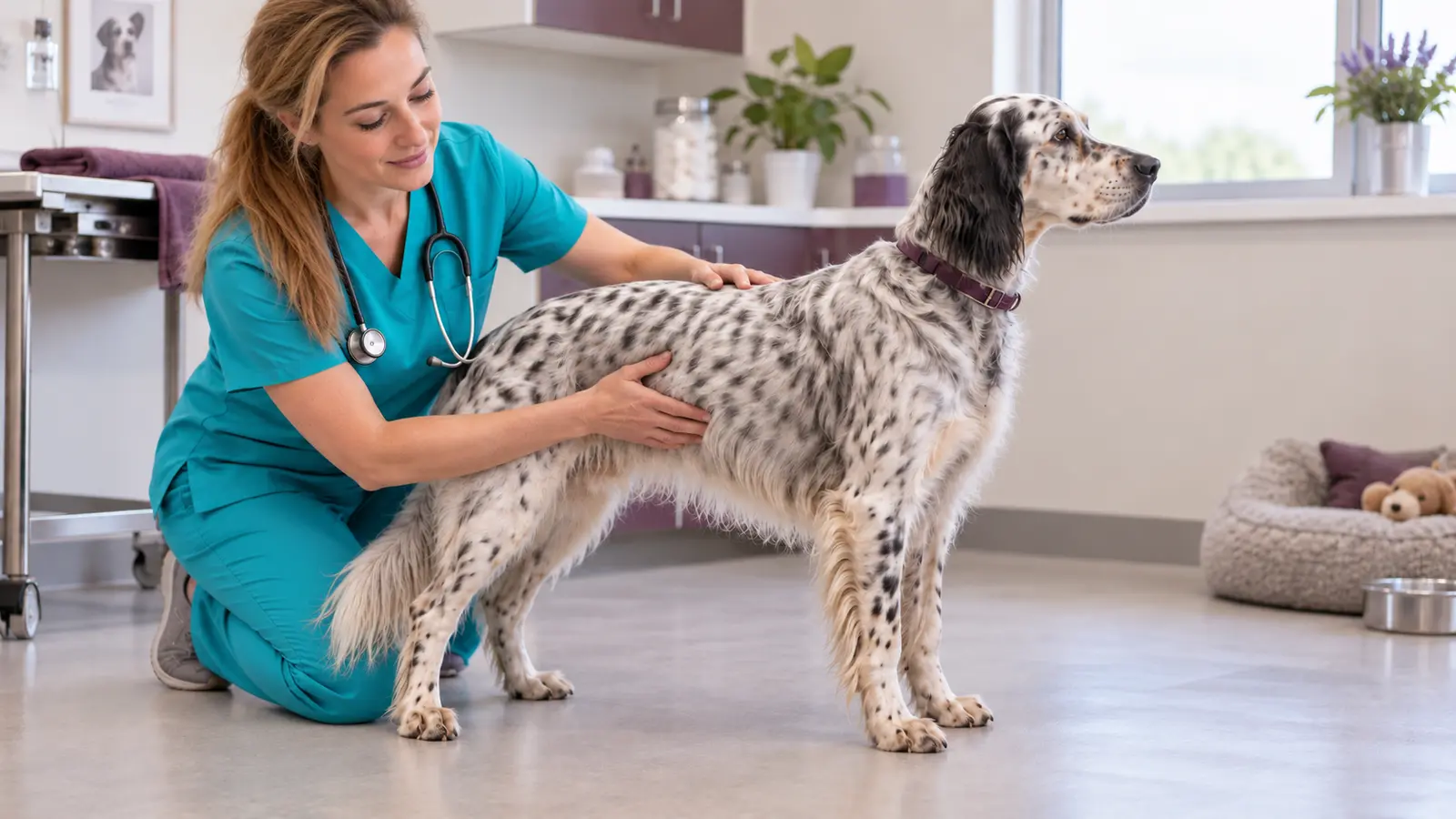 Veterinaria valuta la condizione corporea di una cagna Setter inglese in piedi.