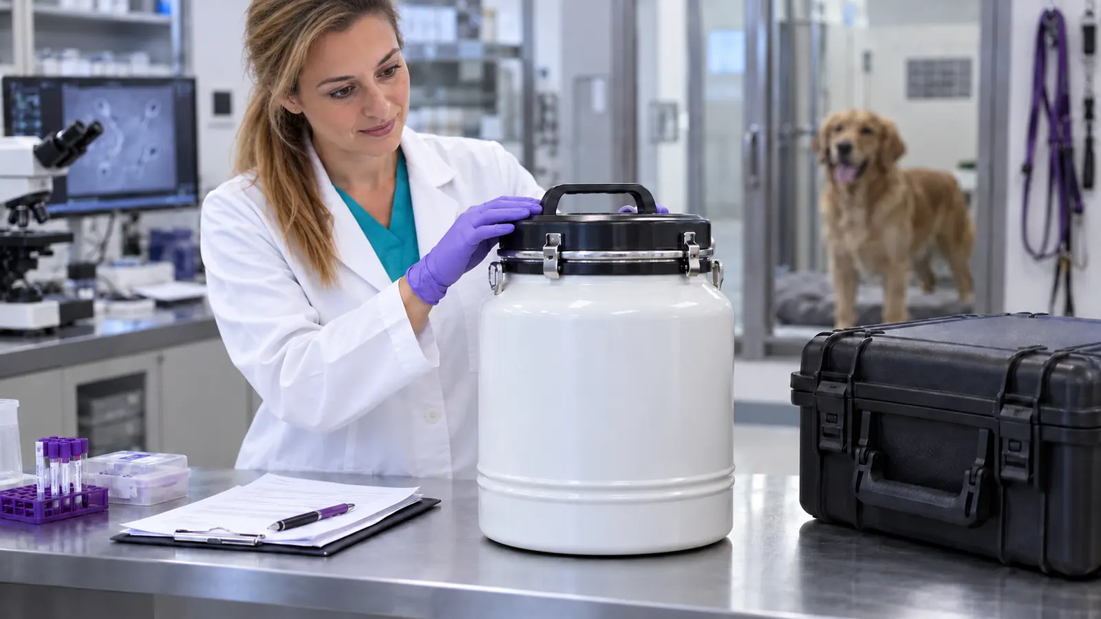 Veterinaria controlla un contenitore criogenico chiuso con documenti e custodia di trasporto.